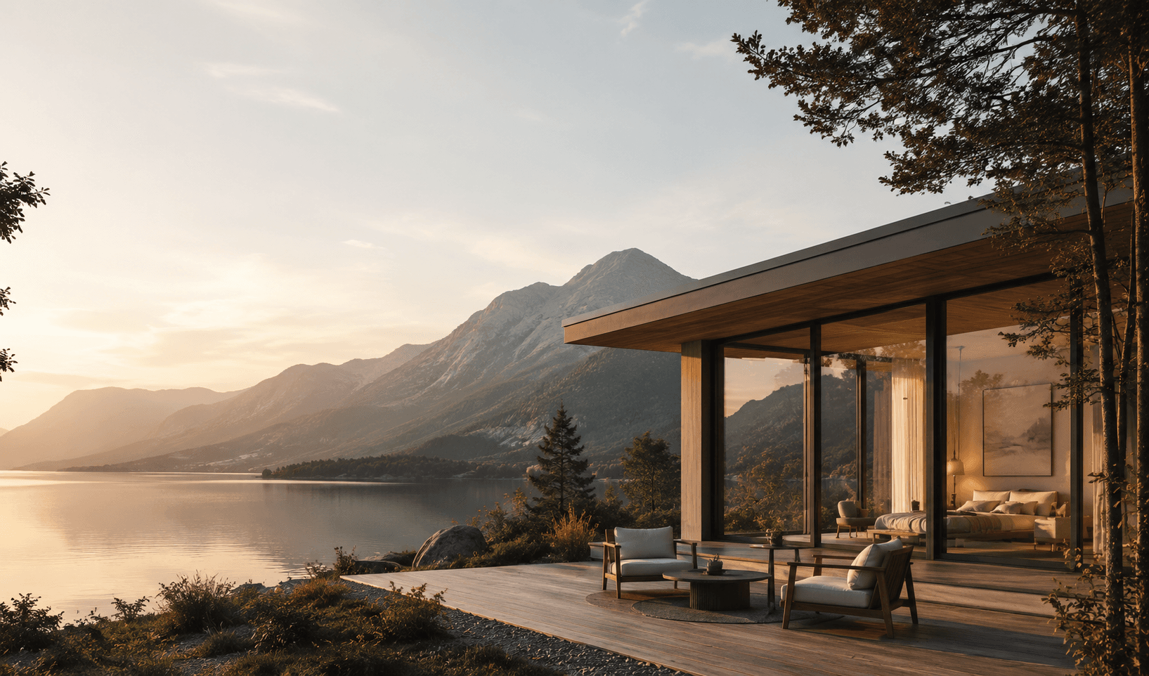 Lakeside holiday cabin at sunset